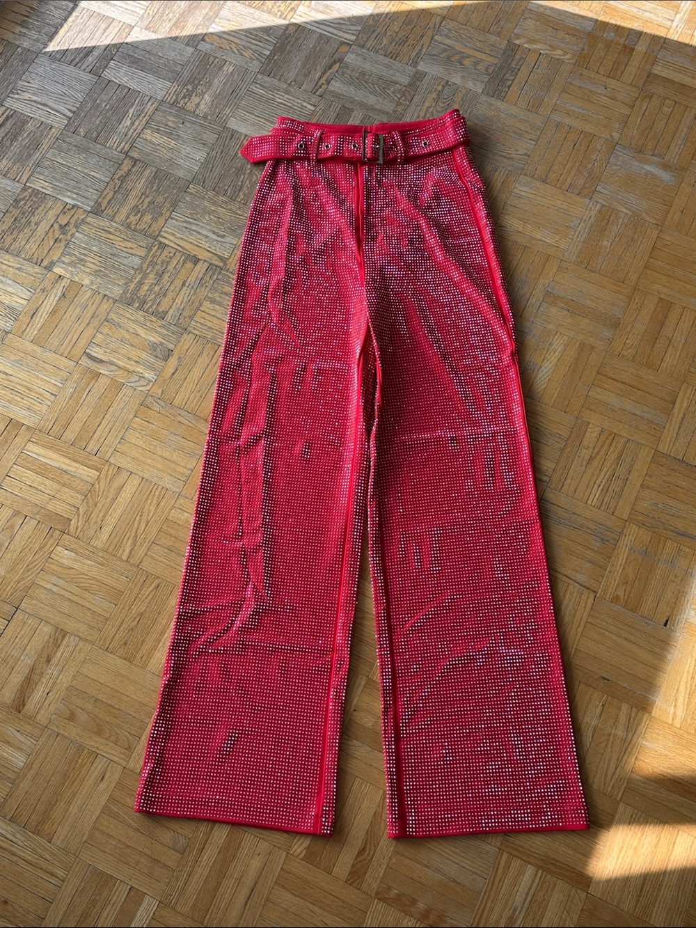 12th Tribe Red Crystal-Embellished Wide Leg Pants with Belt